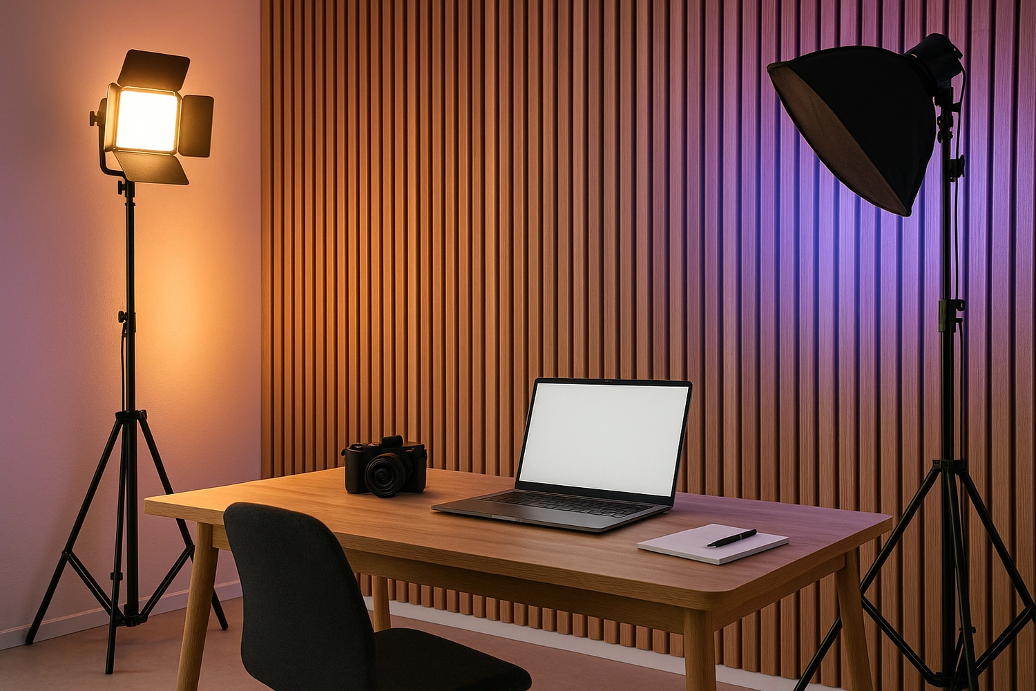 Uniting Sound Media – Videoproduzentin – Laptop, Tisch, Stuhl und Lampen