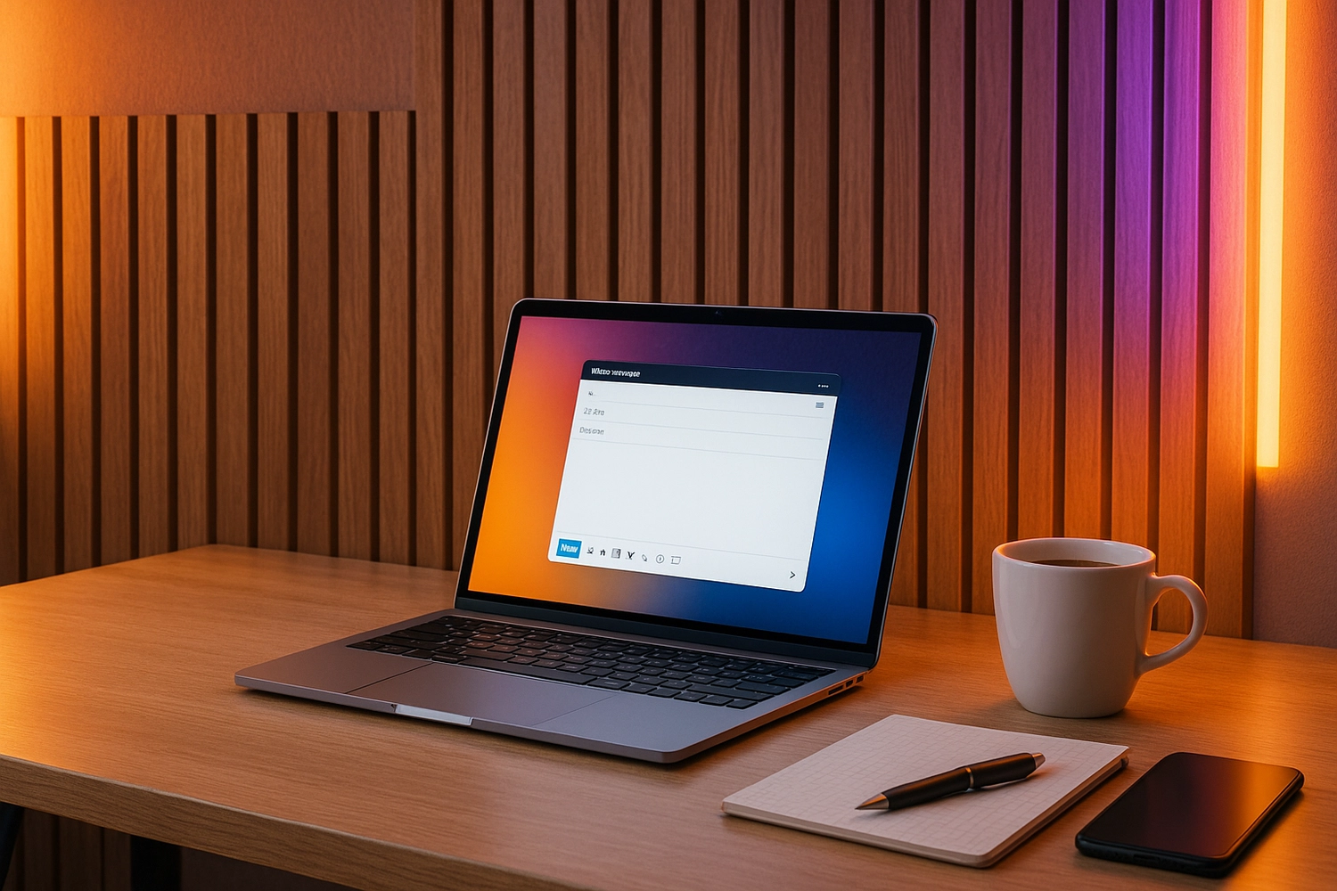 Uniting Sound Media – Videoproduzent – ​​Laptop, Tisch, Stuhl und Lampen