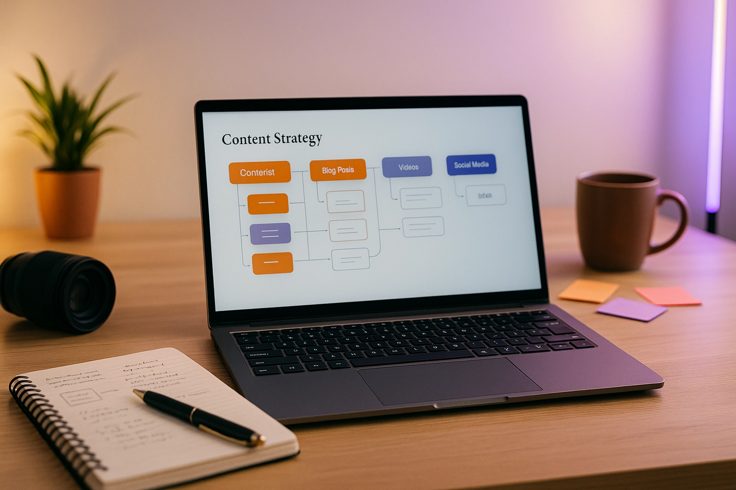 Uniting Sound Media – Videoproduzent: Ein Laptop mit einem Flussdiagramm zur Content-Strategie.