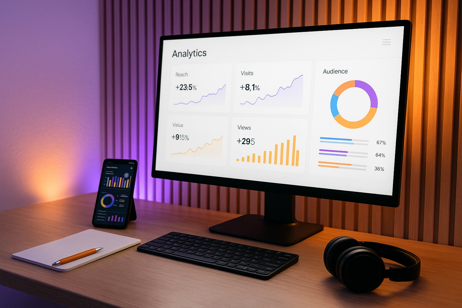 Uniting Sound Media – Medienarbeit – Computermonitor und Smartphone mit Datenanalyse-Dashboards